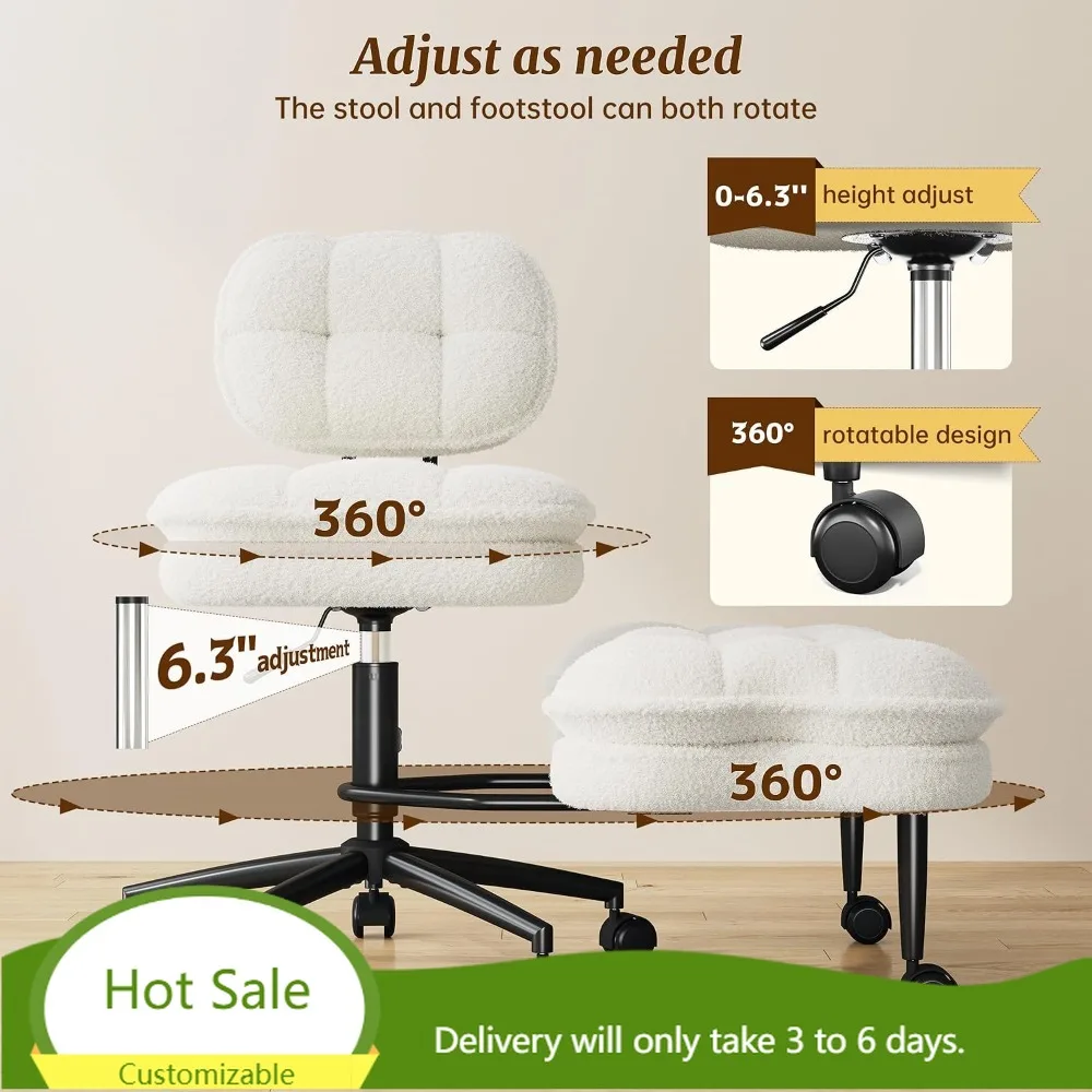 Cross Legged Office Chair 360 Swivel Retractable Footrest Height Adjustable 300 lbs Lumbar Support Off White
