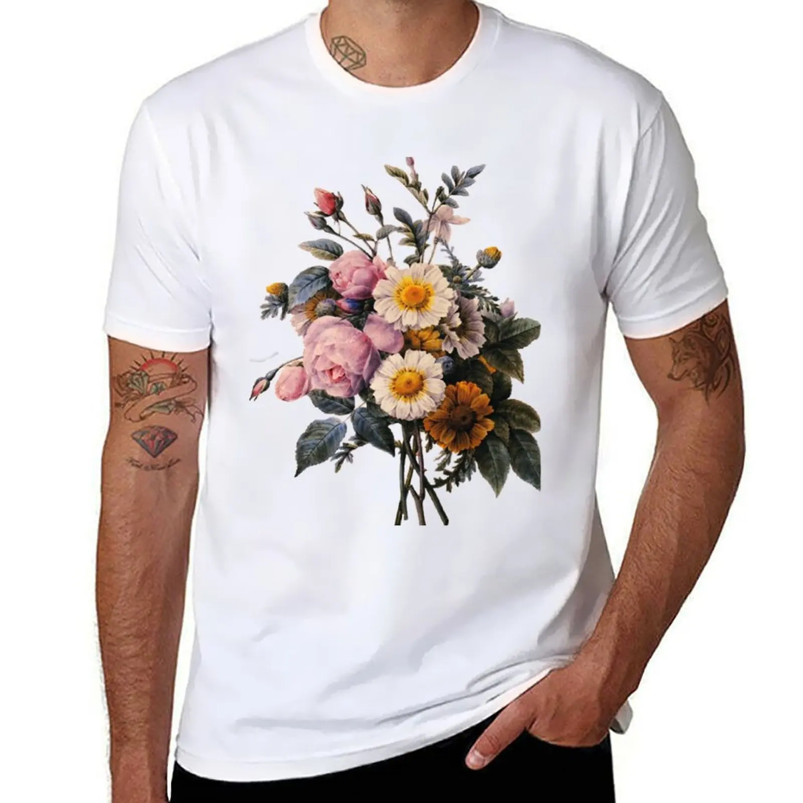 

botanical rose art, and pink yellow daisy beautiful vintage flowers. T-Shirt Summer Festival T-Shirt