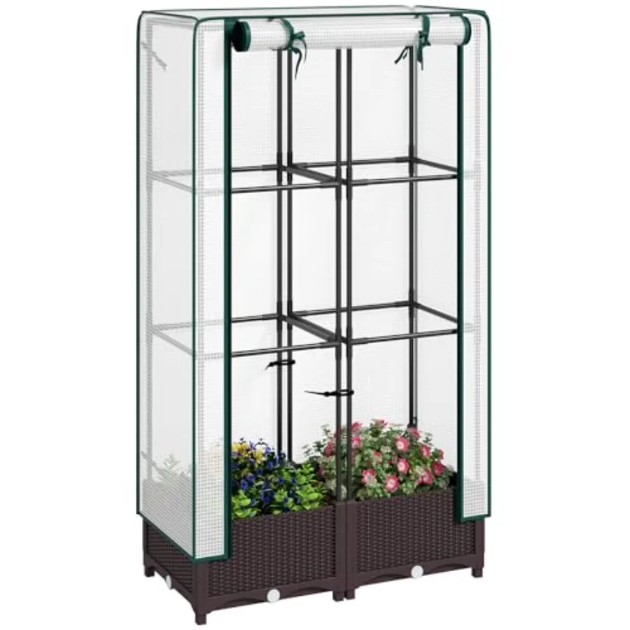 Plastic Raised Garden Bed with Trellis Outdoor Planter Box with PE Greenhouse Cover Drainage Holes and Zipper Door for Climbing