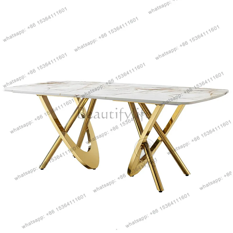 

Italian modern light luxury rock slab dining table household stainless steel rectangular dining table 6 seats