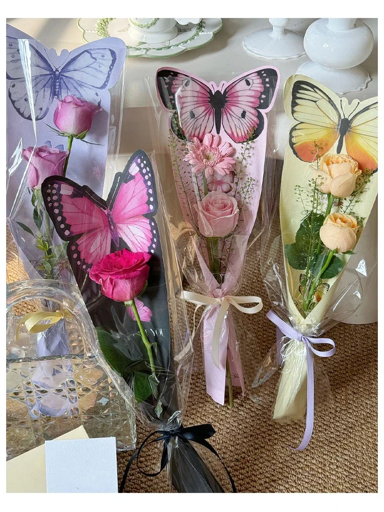 Valentine's Day 20pcs Butterfly Flower Wrapping Paper Card Insertion Flower Bag Transparent Single Rose Packaging Bag