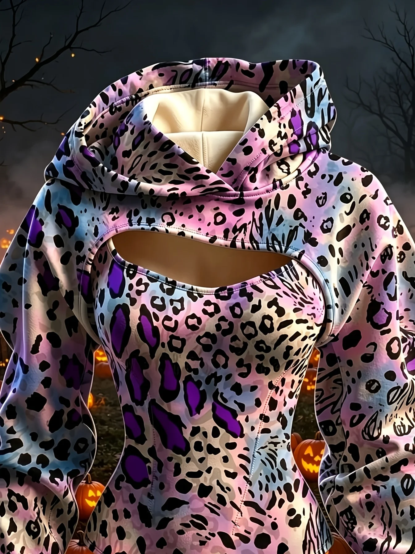 Women Halloween Gradient Purple Leopard Print Double Hood Bodysuit Hollow Out Hoodie Costume