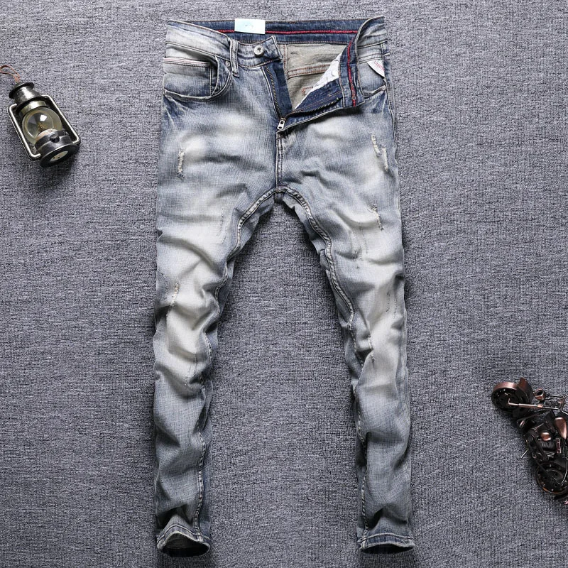 Designer Fashion Men Jeans High Quality Retro Blue Stretch Slim Fit Ripped Jeans Men Embroidery Patched Y2K Vintage Denim Pants
