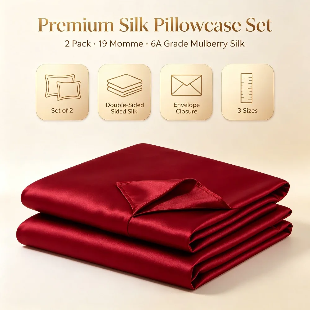 2 Pack Set Silk Pillowcase 19 Momme Double-Sided 100% Mulberry Silk Envelope Closure 2 Silk Pillow Cover for Hair Skin Couple