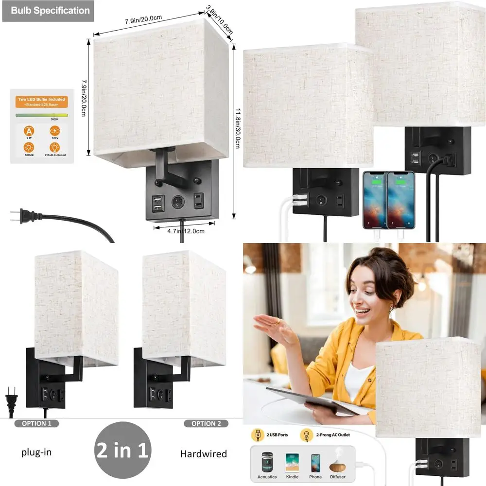 

Комплект из 2 современных настенных светильников с USB и розеткой переменного тока, черный матовый никель, светодиодные лампы в комплекте