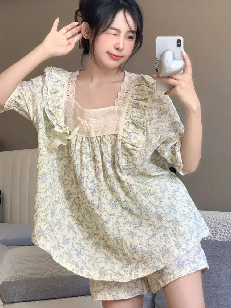 

Летний тонкий комплект из чистого хлопка ort Sve Spwear для женщин, милая домашняя одежда с цветочным принтом для девочек, домашняя одежда ort Pants