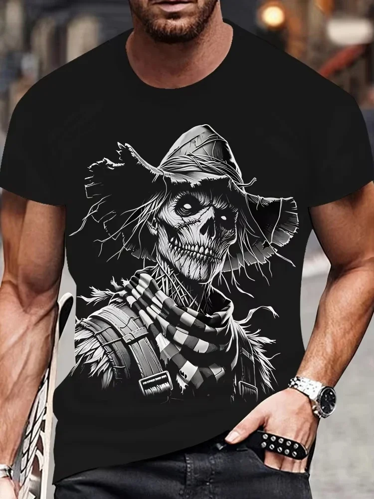 Men's 3D Hat Skull Print T-Shirt Casual Crew Neck Short Sleeve Tee Personality Punk Graphic T Shirts Oversized Men's Clothing