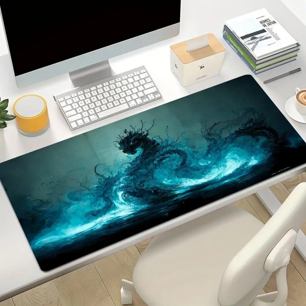 Dynamic Ancient Chinese Swordsman Splashing Water With Blade In Blue Tone Scene Compatible With Laptop Table Mat