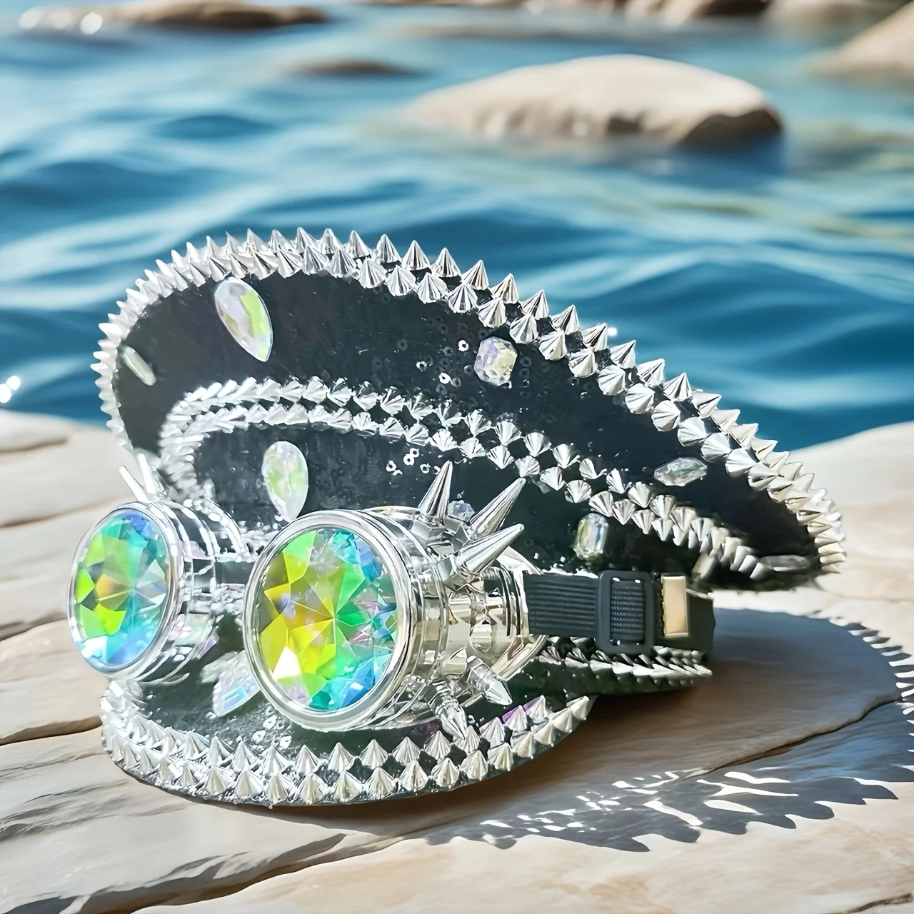 HongLuan ブラックゴーグルキャプテンハットラインストーン付き、音楽祭、女性用、カーニバルコスチュームハット＆コスプレ女性用アクセサリー