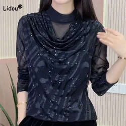 2023 Fashion Temperament Half High Collar T-shirt Women's Clothing Autumn New Diamonds Lady Long Sleeve Casual Patchwork Tops