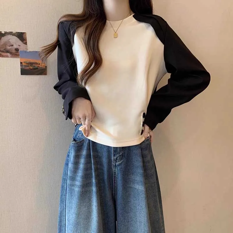 Fashion O-Neck Spliced Button Casual T-Shirt Female Clothing 2024 Spring New Loose Korean Pullovers Tops All-match Tee Shirt