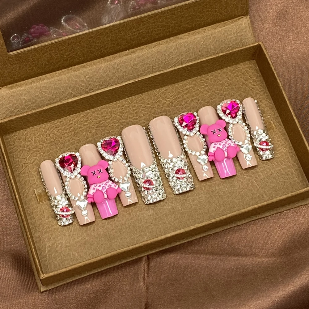 Cristales totalmente cubiertos, oso rosa Y2K, uñas duraderas, prensa en hermosa bailarina, uñas postizas artificiales acrílicas hechas a mano de 45mm