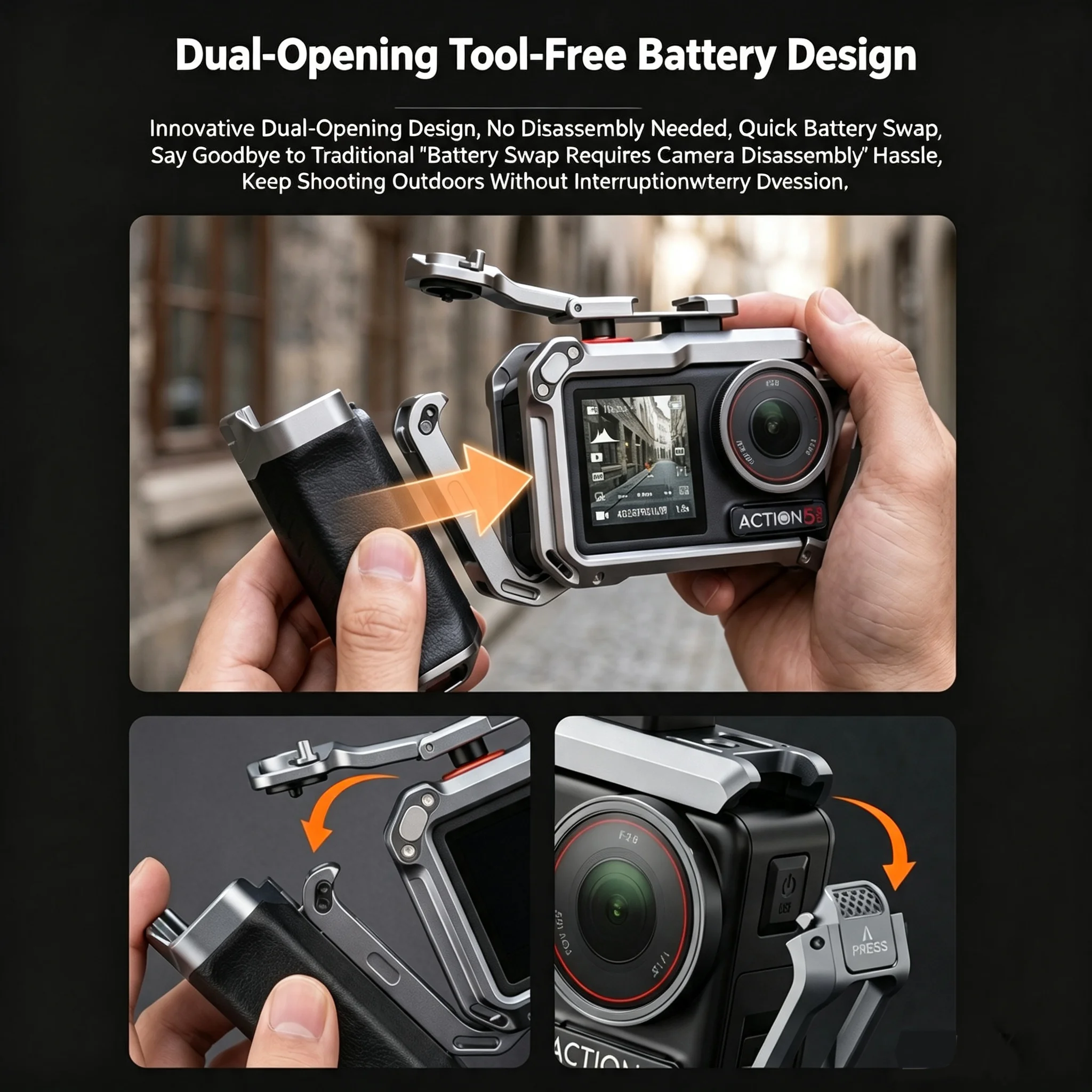 for dji Osmo Action 5 Pro/4/3 Street Photography Cage Dual Opening Battery Access Multi Interface CNC Quick Release Hand Grip