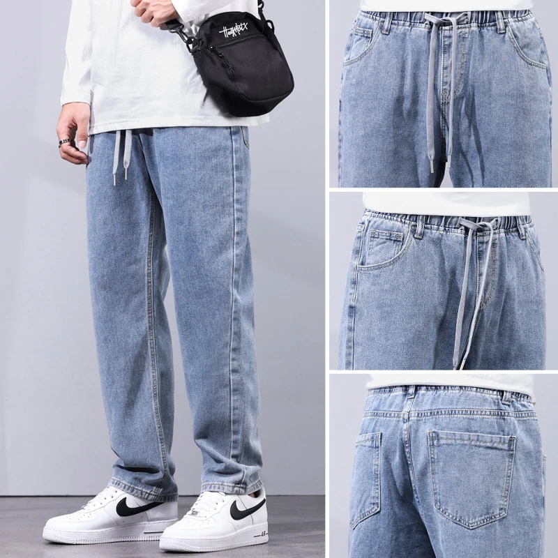 KSTUN Loose Fit Jeans Men Baggy Pants Light Blue Wide Leg Elastic Waist Casual Denim Pants Male Long Trousres Men\'s Clothing