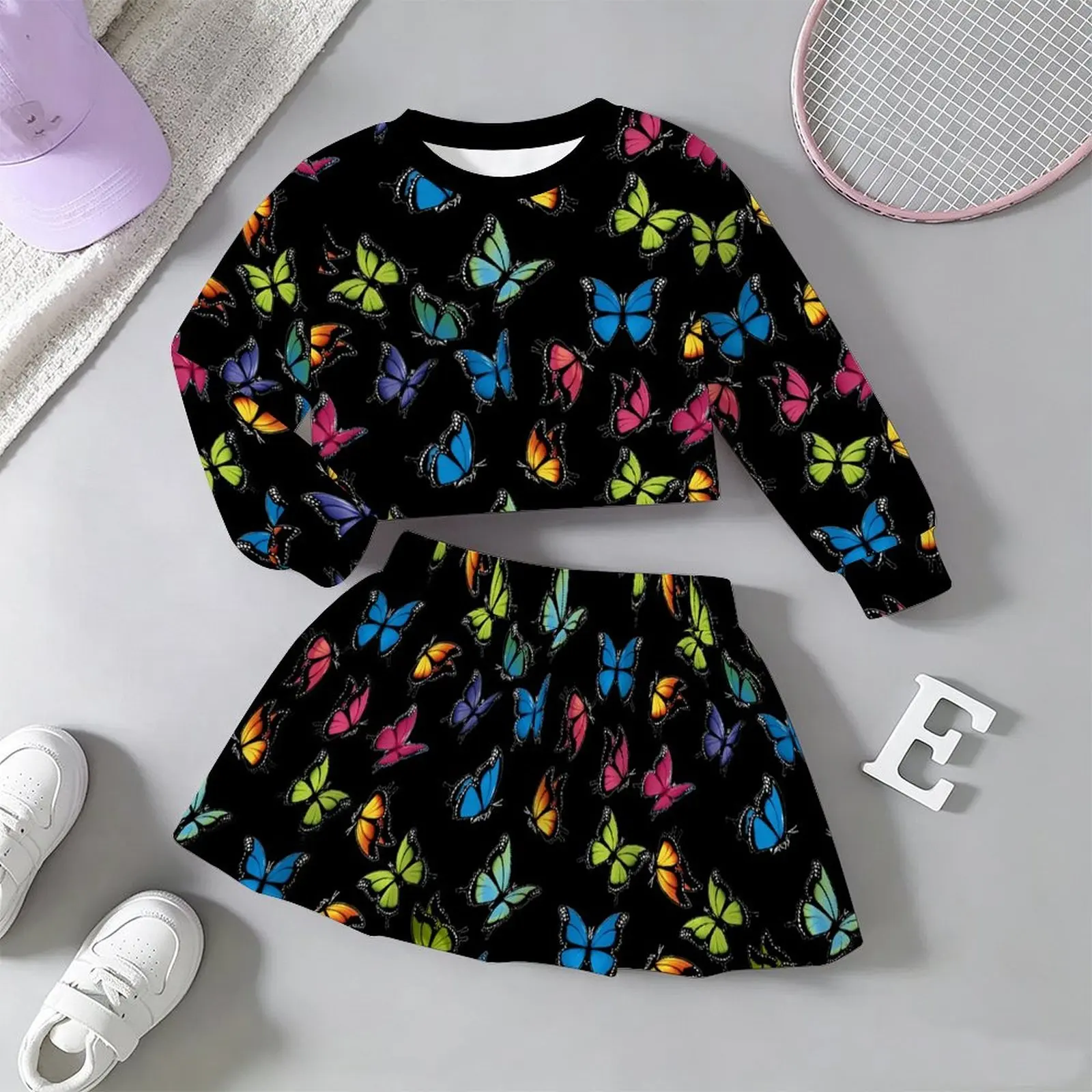 Lovely Kawaii Fairy Style Girls Outfit Long Sleeve Print Top A-line Skirt  Soft Breathable  For Wedding Flower Girl Party