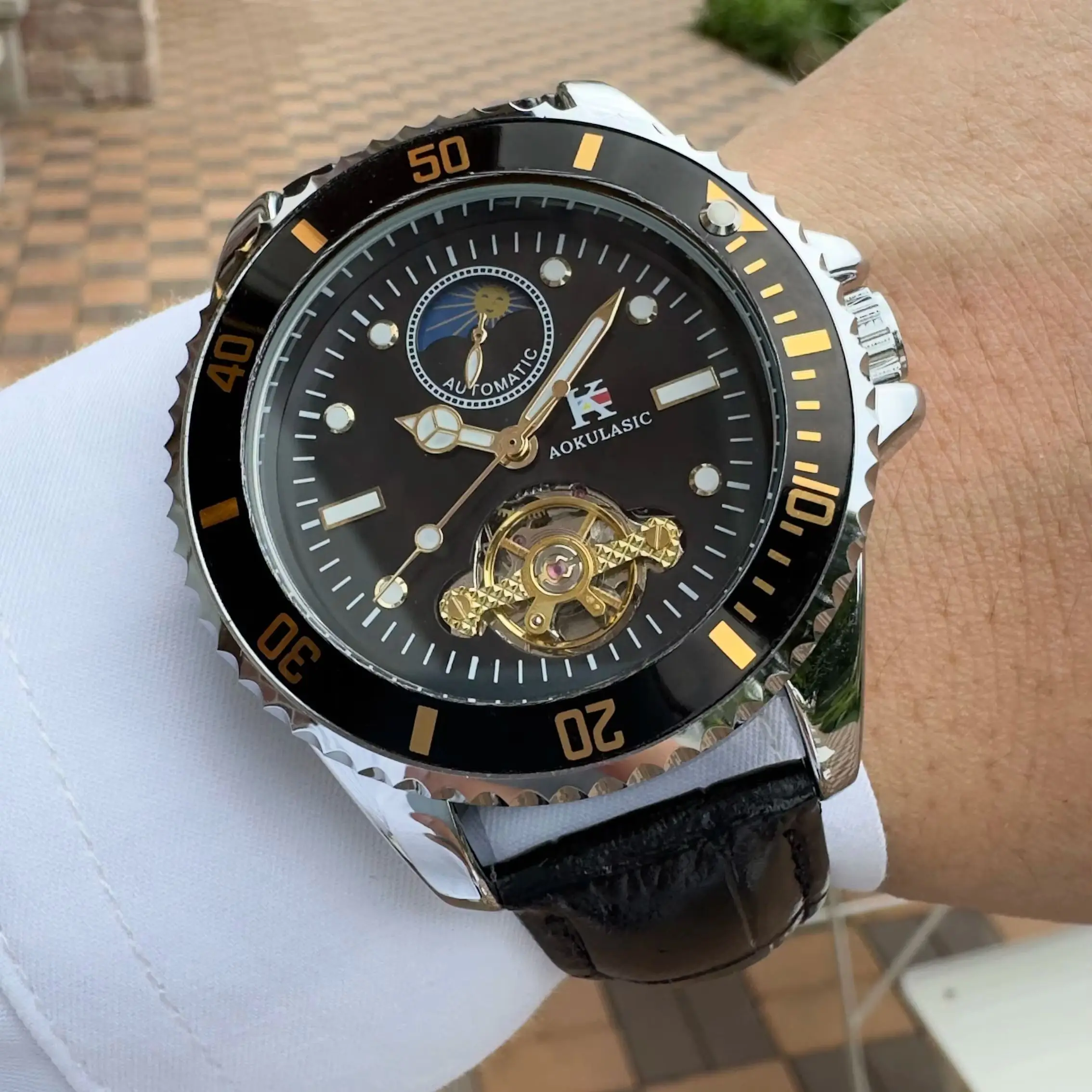 AOKULASIC Fashion Tourbillon Mechanical Watch for Men Moon Phase Luminous Design Leather Strap Business Automatic Mens Watches