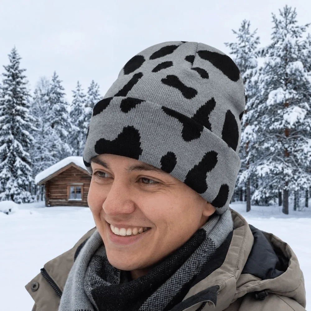 Versatile Thickened Cow Pattern Knitted Hat Keep Warm Elastic Pullover Hat Windproof Coldproof Winter Beanie Hat Riding