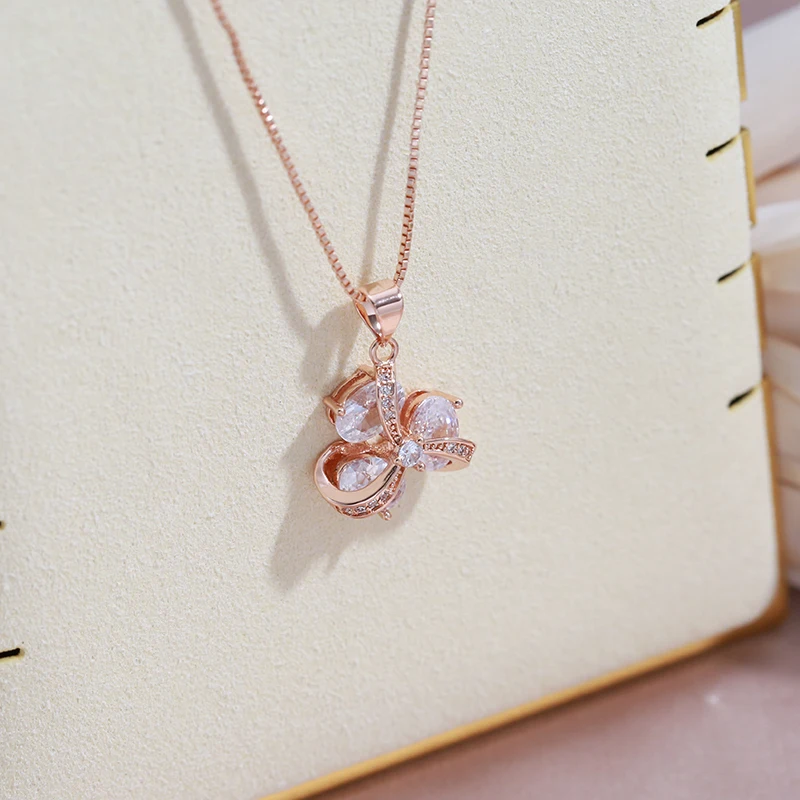 SYOUJYO Shiny Natural Zircon Pendant Necklace For Women 585 Rose Gold Color Fine Jewelry Box Chain Bride Wedding Necklace