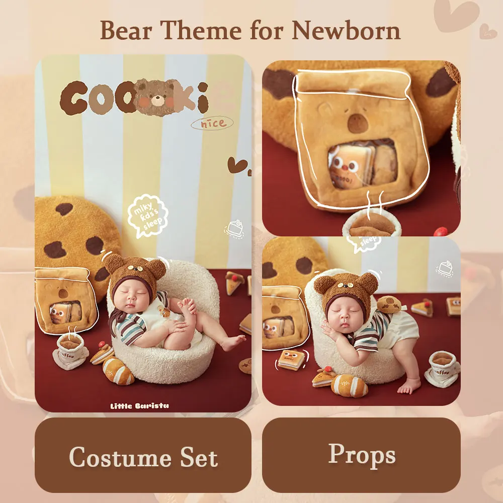 0-1 Month Bear Theme Newborn Photography Props for Baby Knitted Baby Outfit and Cookies Bread Coffee Toy with Matching Bear Hat