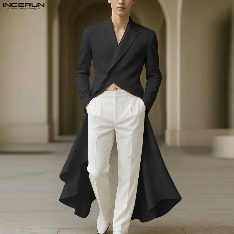 

INCERUN мужской нерегулярный пиджак однотонный с лацканами с длинным рукавом длинный стильный пиджак мужской уличный мужской костюм модные тонкие пальто S-5XL