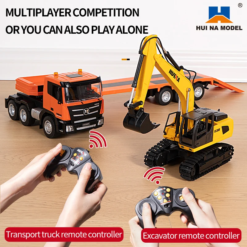 

Gift 2.4G RTR 1/18 Scale Huina 1319 RC Tractor Truck And Remote Control Excavator Model with Flatbed Trailer Battery Toys