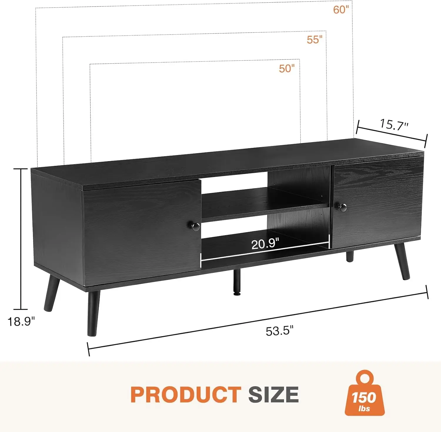 TV Stand for 55 60 inch Television, Entertainment Center with Storage, 2 Cabinet Media Console Table, Soft Hinge Door with Handl