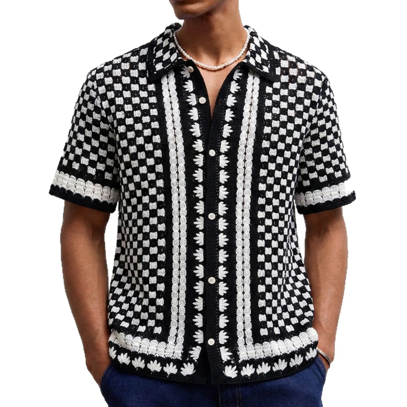 Men's Knitwear Summer Luxury Fashion Short Sleeve Black and White Color Block Breathable Casual Crochet Polo Shirt Top