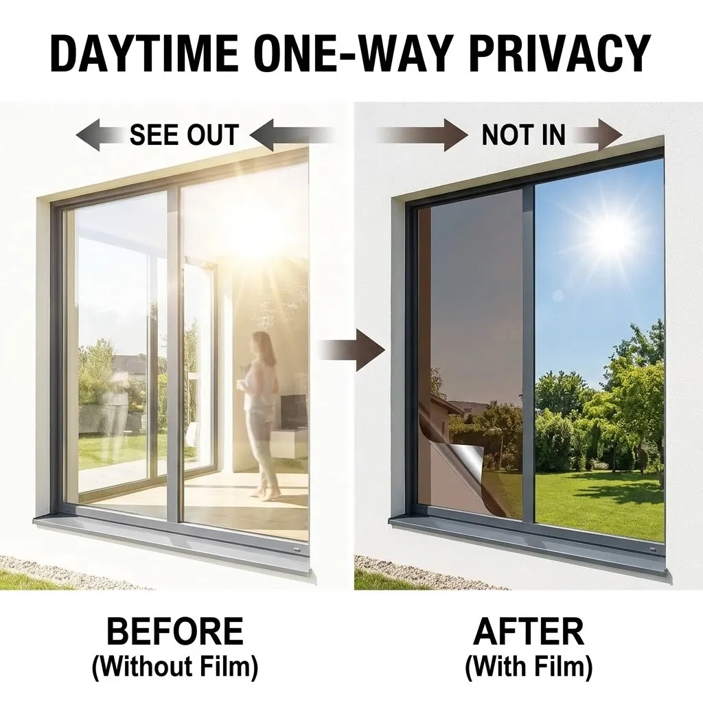 Static Cling One Way Mirror Window Film Brown Silver Dual‑Sided Heat Insulation Anti‑UV Privacy No‑Glue Window Tint for Home