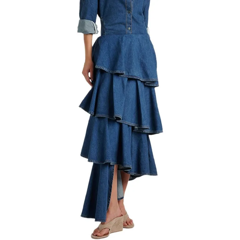 EAEOVNI luxe bleu Denim jupe pour femmes plis volants Patchwork conception asymétrique une ligne jupes longues Streetwear 2025 nouveau