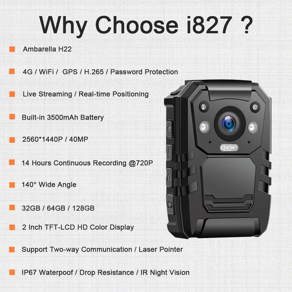 CammPro i827 Wireless 4G Full HD 1440P 3500mAh Battery 14h Continuous Record Auto Infrared Night Vision IP67 Body Worn Camera