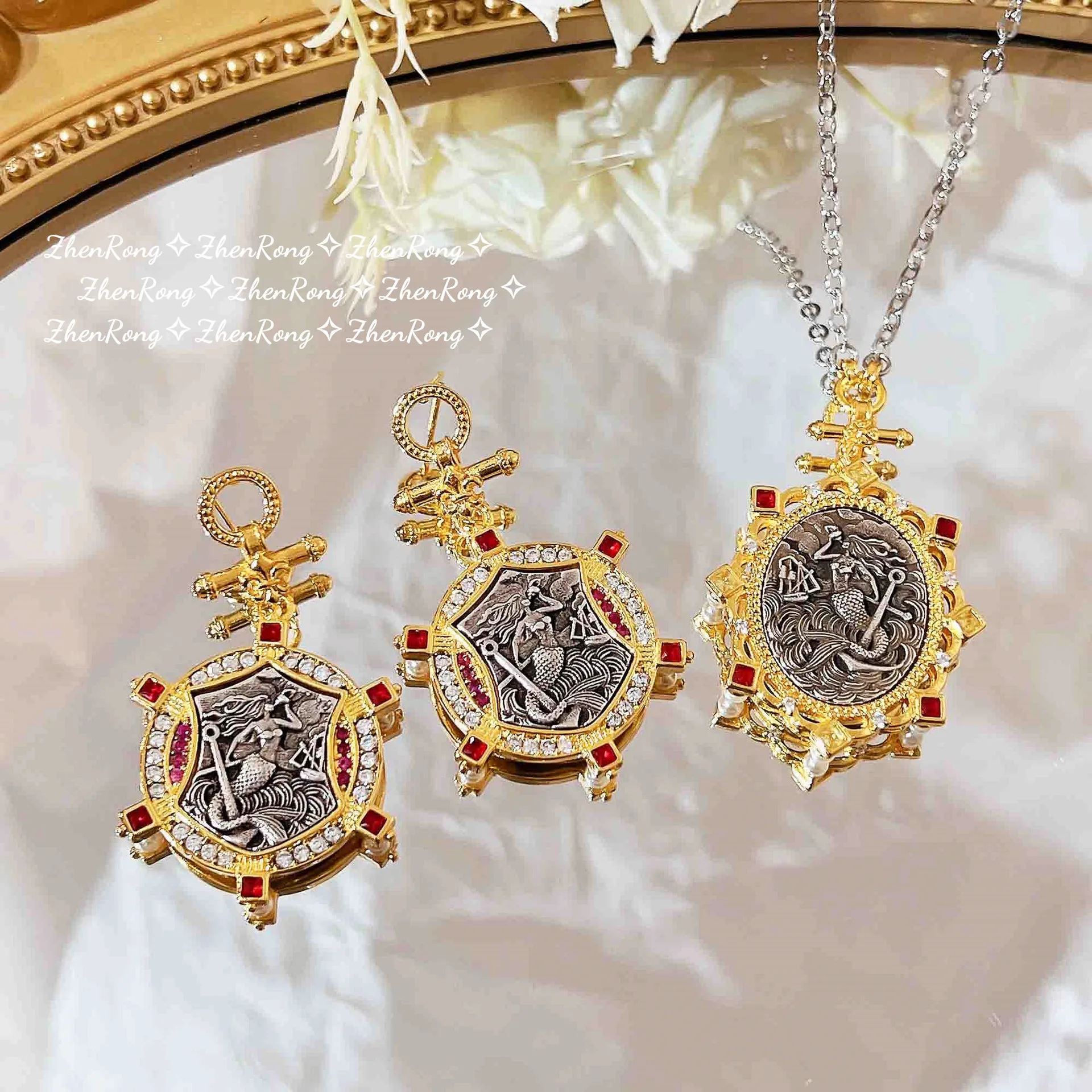 Foydjew French Style Medieval Vintage Jewelry Ancient Coin Double-sided Pendant Necklaces Mermaid Pattern Earrings Jewelry Sets