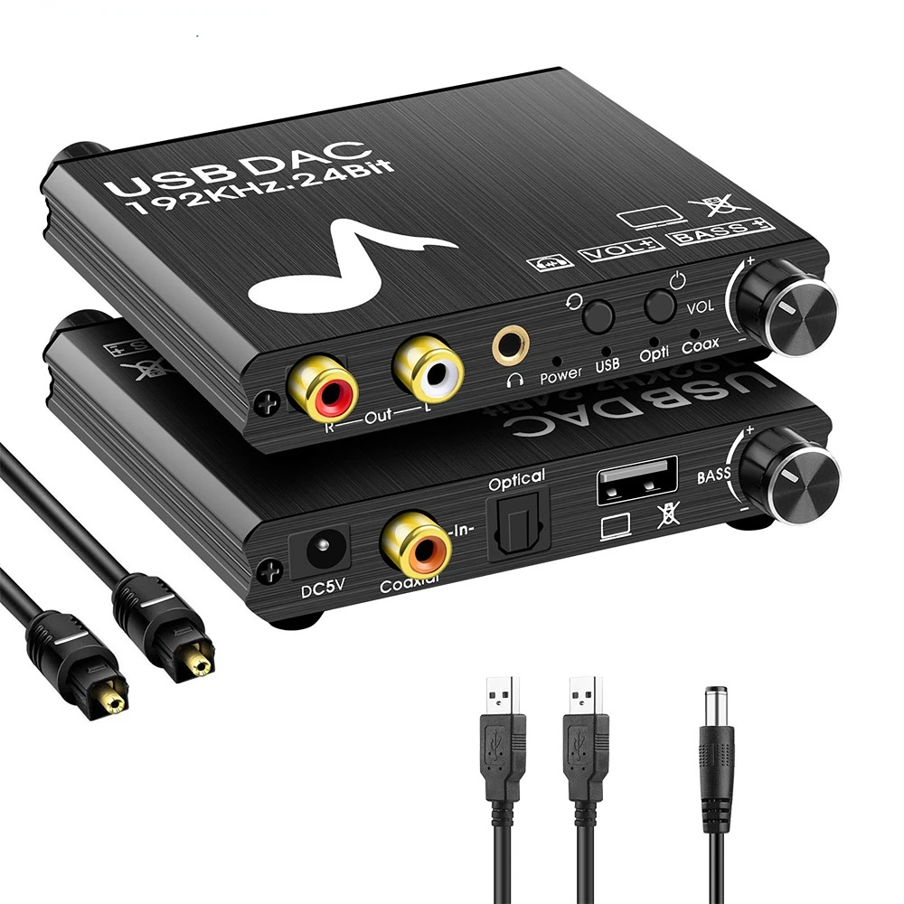 USB DAC 192kHz 24Bit Digital to Analog Converter with Bass&Volume Control Coaxial Toslink to Analog Stereo L/R RCA