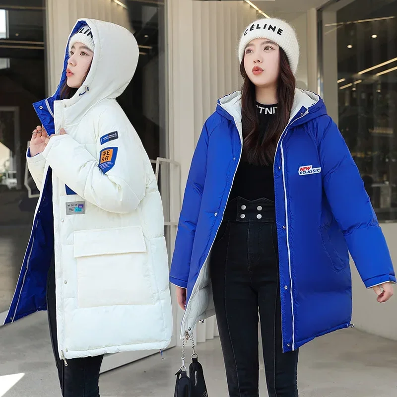 Puffer Parkas de algodão de dois lados feminino, jaqueta com capuz, casaco longo, à prova de vento, quente, casacos femininos, inverno