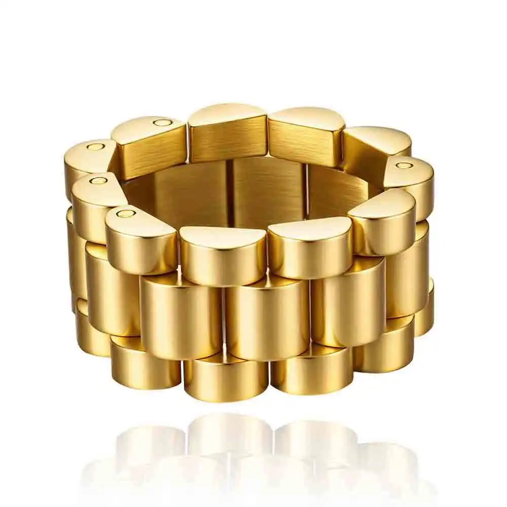 Trend Bold Watch Link Chain Wide Cuff Ring Gold Silver Color Option 316L Stainless Steel Waterproof Anti Oxidation Statement Hip