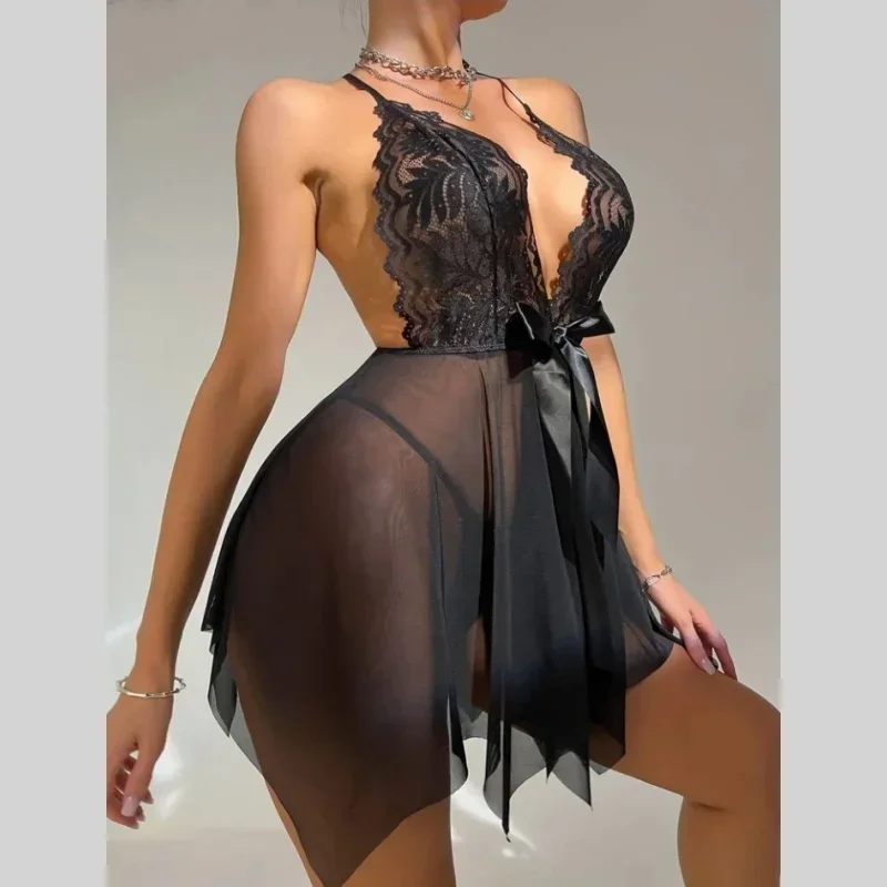 Lingerie sexy per donna Intimo trasparente Porno Sex Teddy Costumi Babydoll Abito in pizzo Camicia da notte Crotchless Sleepwear