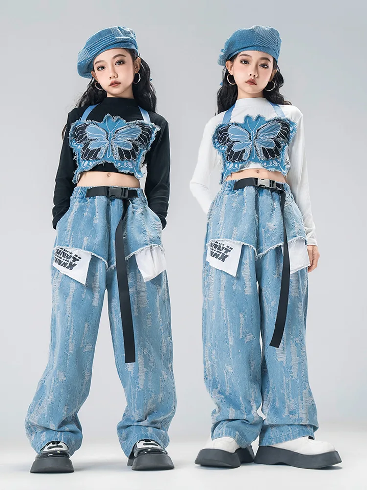 Kids Hip Hop Clothing Denim Blue Butterfly Crop Tank Patch Ripped Jeans Pants Skirt for Girls Jazz Dance Costumes Clothes