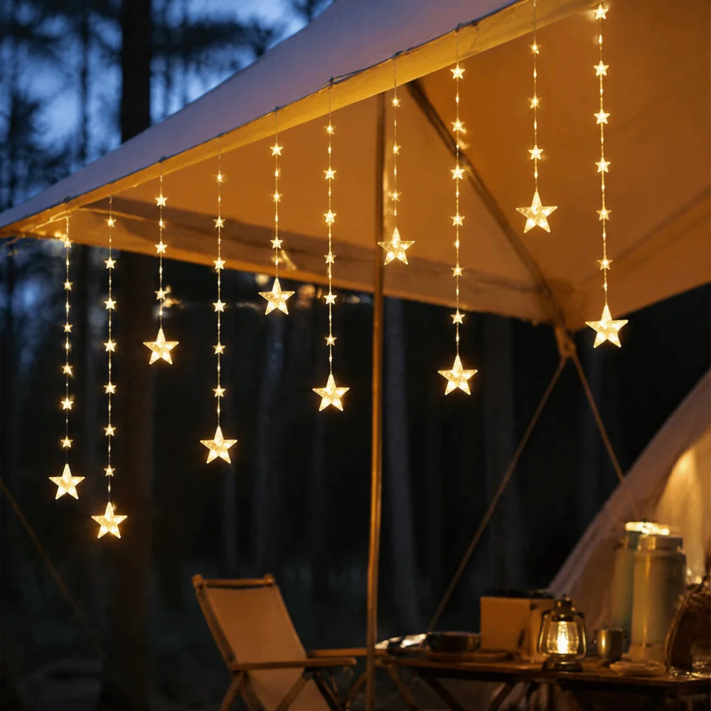 Waterproof Solar Curtain Lights Solar Powered Star And Moon Shape Fairy Lights Delicate Design Dreamy Glow Ambient Lighting