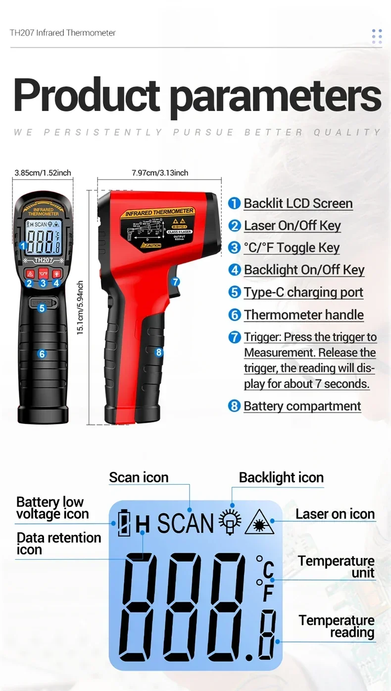 Infrarot-Laserthermometer -50~400 ° C Wiederaufladbares ANENG TH207 Hochsensibles Industriequalitäts-Berührungsloses Digitalprüfgerät – Detail 12