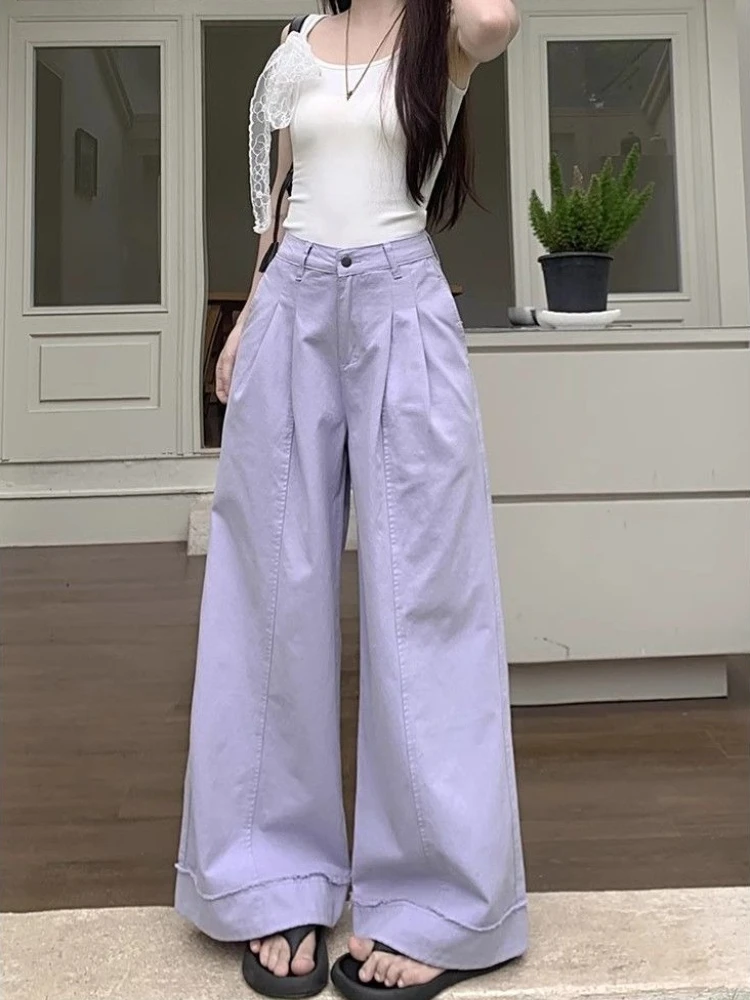 

Women's High-Waisted Loose Fit Slimming Wide-Leg Denim Pants in Vibrant Purple with Wrinkled Detail for Summer American Style