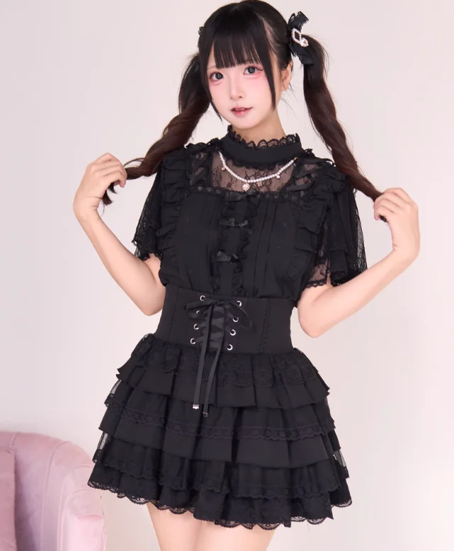 

Japanese Style Sweet Black Shirt Skirt Sets Women Mine Mass Produced Elegant Short Sleeve Blouse Slim Waist Cake Mini Skirt Suit