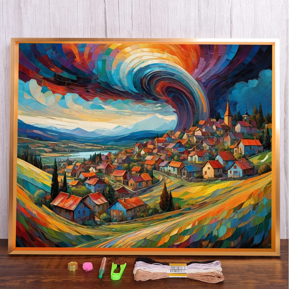 

Landscape Stomy Town Cross Stitch DIY Embroidery Complete Kit Sewing Handicraft Handmade Needlework Magic Needle Home Decor