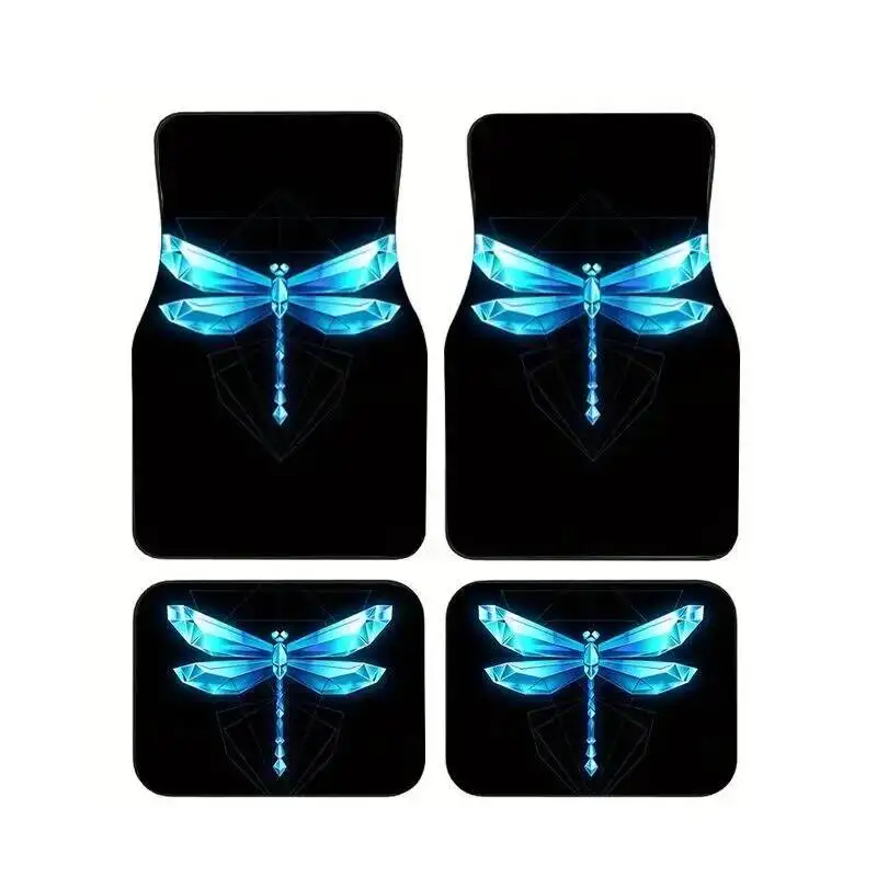 

4Pcs Blue Crystal Dragonfly Black Car Floor Mats Geometric Tech Style Anti-slip Waterproof Foot Liners Auto Interior Accessories