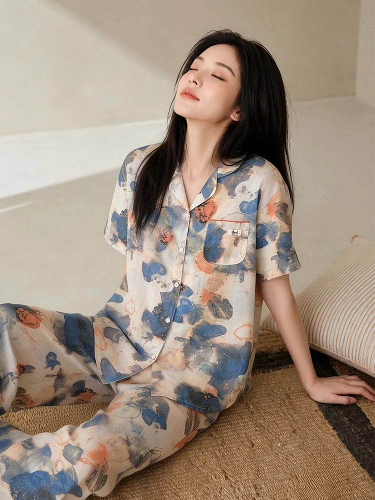Ladies Summer Sleepwear Set Short Sleeve Long Pants Cool Feeling Home Clothes Soft Lenzing Lyocell Fiber Quick Dry Oil Painti...