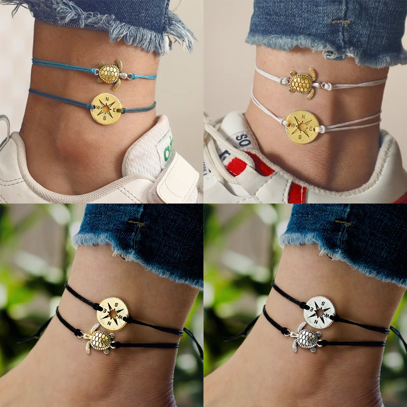 Summer Beach Turtle Shaped Charm Rope String Anklets For Women Ankle Bracelet Woman Sandals On the Leg Chain Foot Jewelry