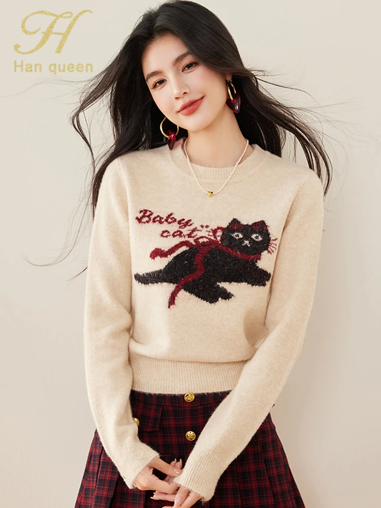 H Han Queen 2025 Spring Autumn Winner Fashion Cat Pattern Pullover Sweater Women Clothing Vintage Casual Basic knitted Sweaters