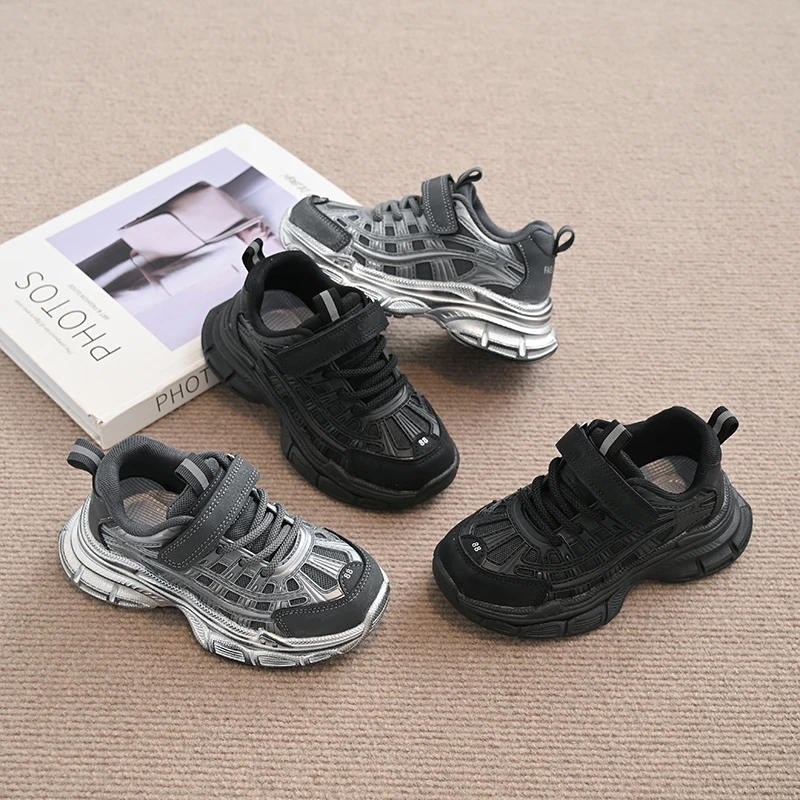 Kids'Casual Shoes PU Leather Color Blocking Fashion Autumn Flat Shoes For Children Anti-slip Breathable Black Grey Size 23-36
