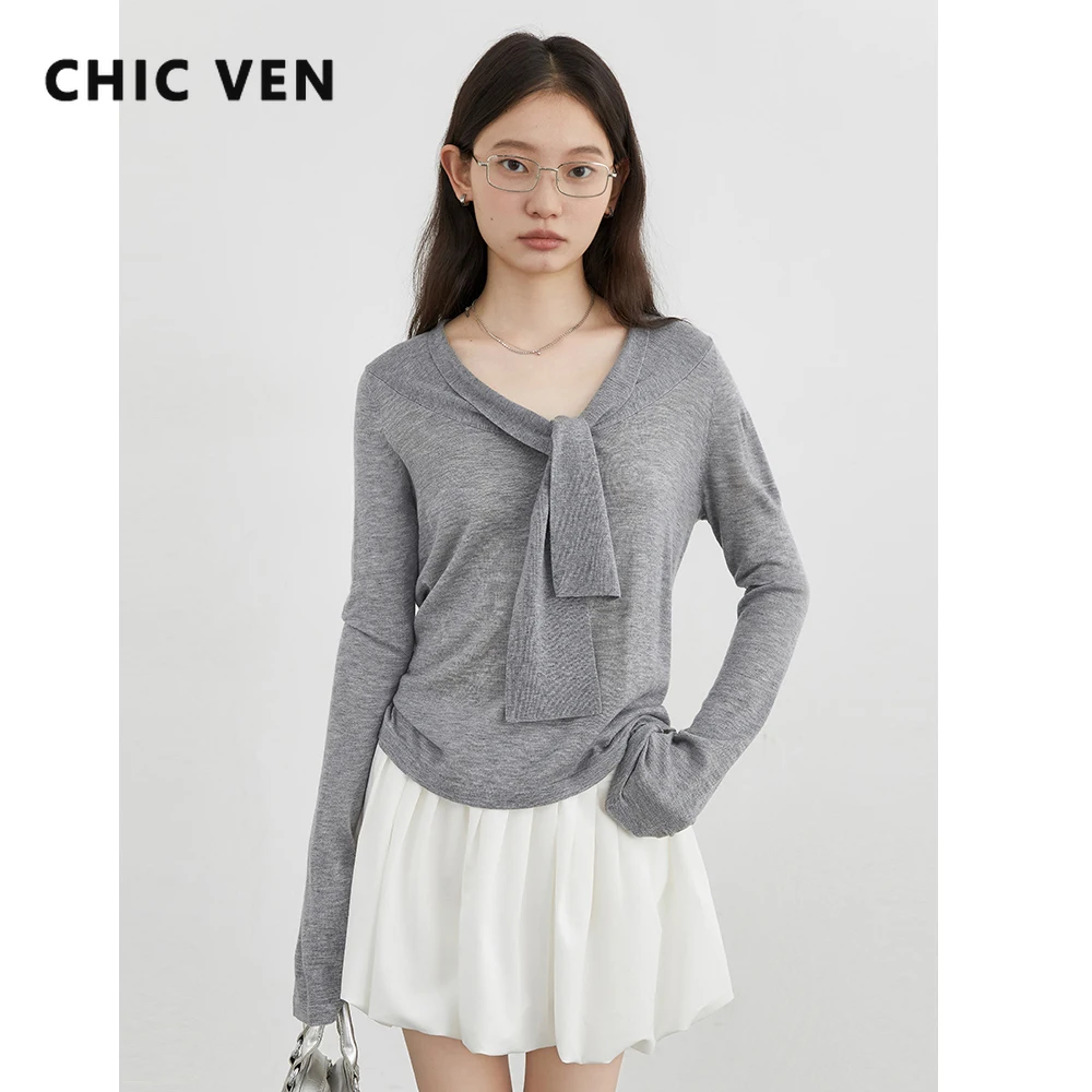 

CHIC VEN женские пуловеры корейские однотонные свободные легкие вязаные свитера с v-образным вырезом на шнуровке женская одежда весна осень новинка 2025