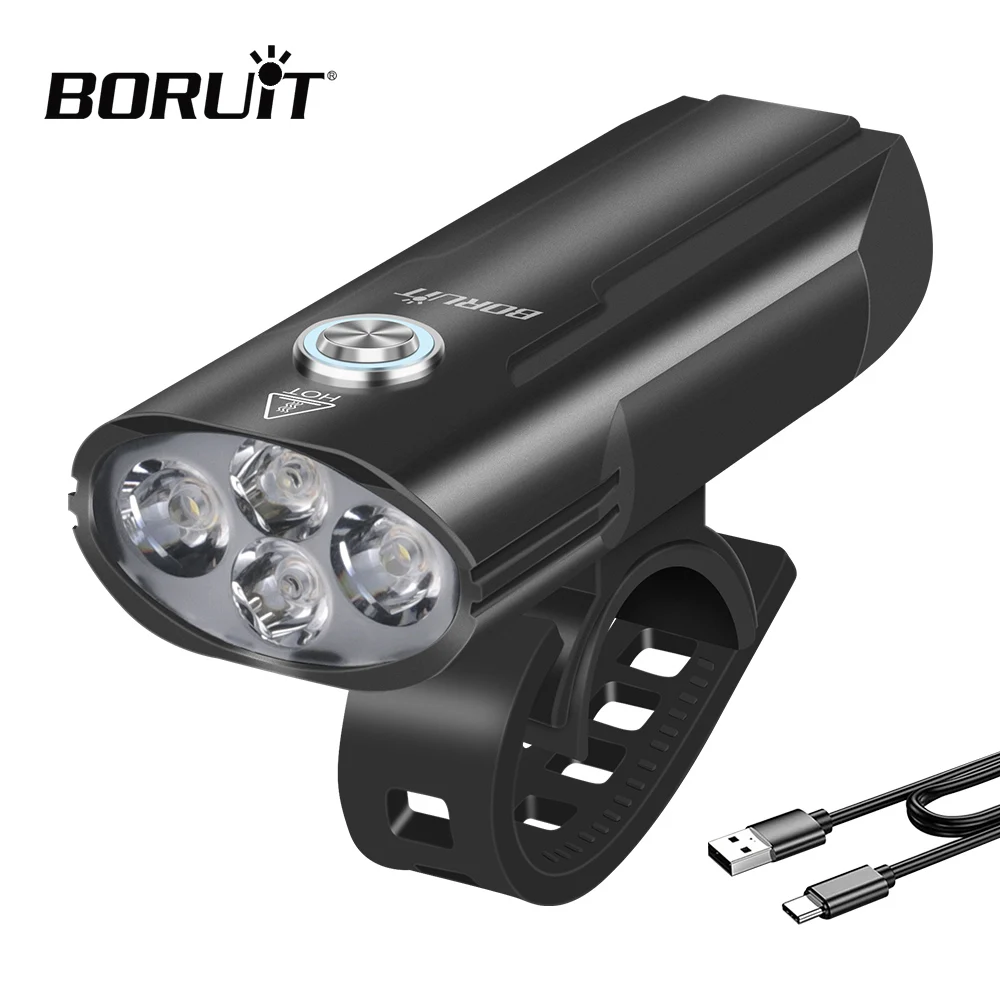 BORUiT LED Bicycle Light with Power Display Type-C Rechargeable IP67 Waterproof Bike Headlamp Memory Function for Outdoor Riding