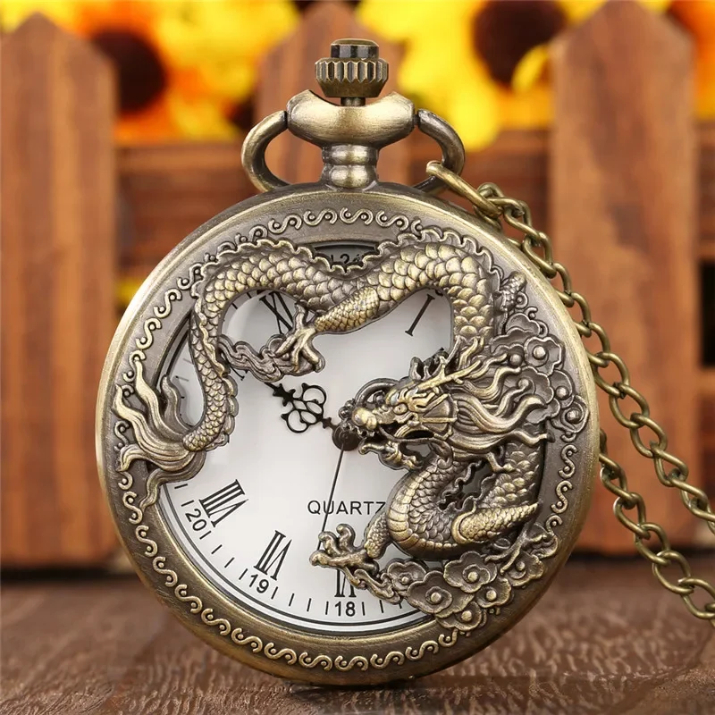 

Steampunk Hollow Out Chinese Dragon Design Retro Quartz Movement Pocket Watch for Men Women with Necklace Chain Roman Number