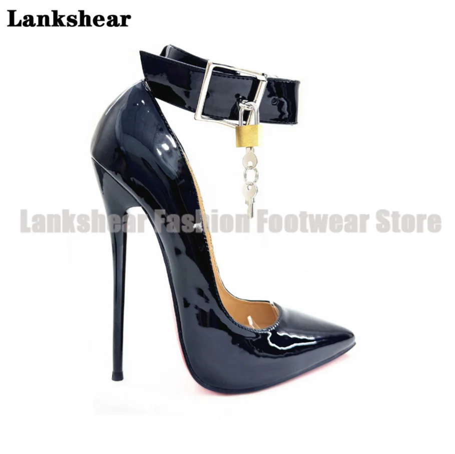

14/16Cm High-Heeled Patent Leather Sandals Pointy Toe Metal Key Lock Shallow Mouth Women Shoes Summer Sandalias De Mujer Verano